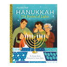 Book cover of 'Hanukkah: The Festival of Lights' with a family around a Menorah.