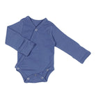Blue baby onesie with long sleeves on a white background