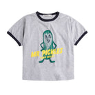 A heather gray ringer t-shirt with black trim on the collar and sleeves, featuring a green pickle character graphic and yellow text reading 'MR PICKLES I DON'T CHOOSE' on the front.