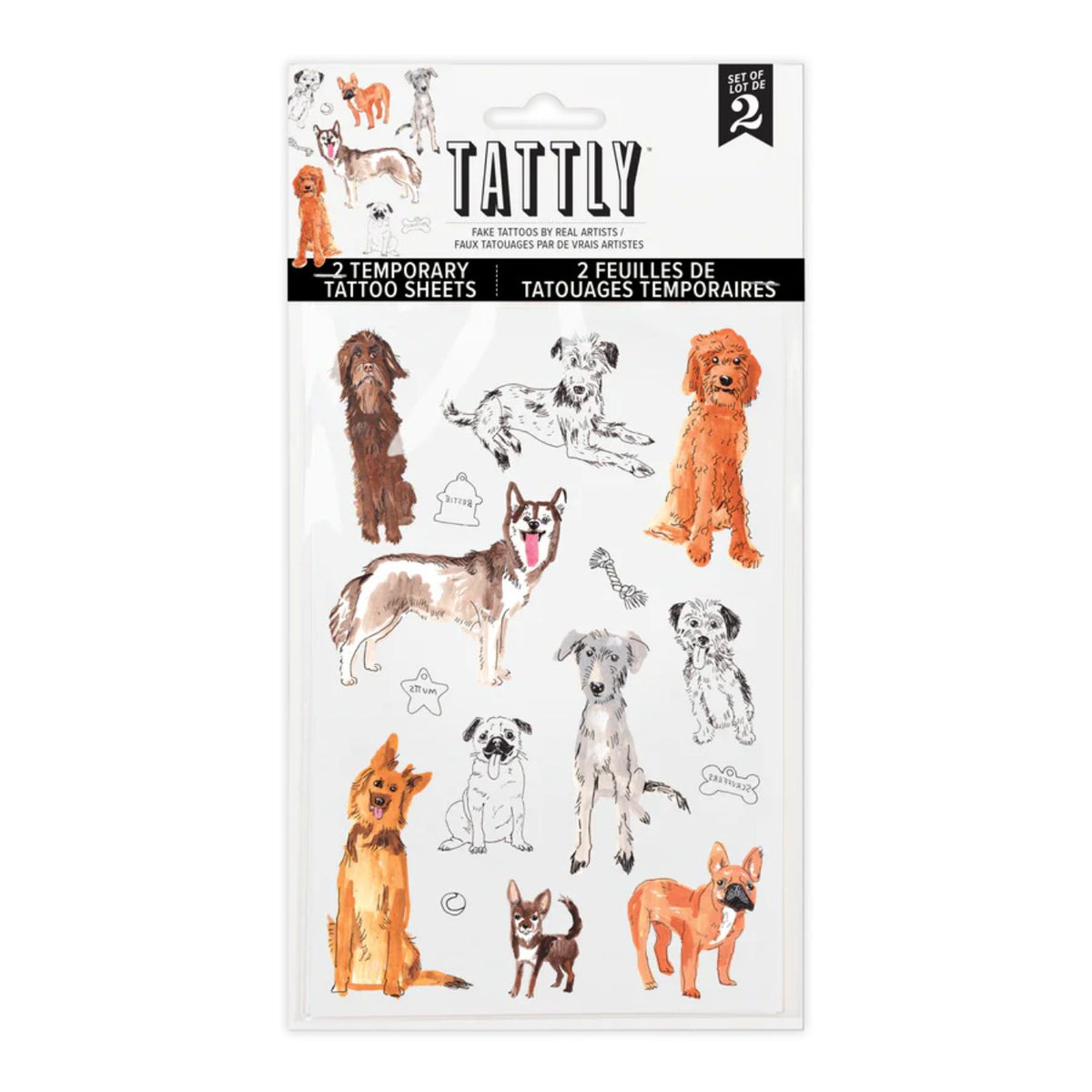 Tattly temporary tattoo sheets with dog designs on a white background