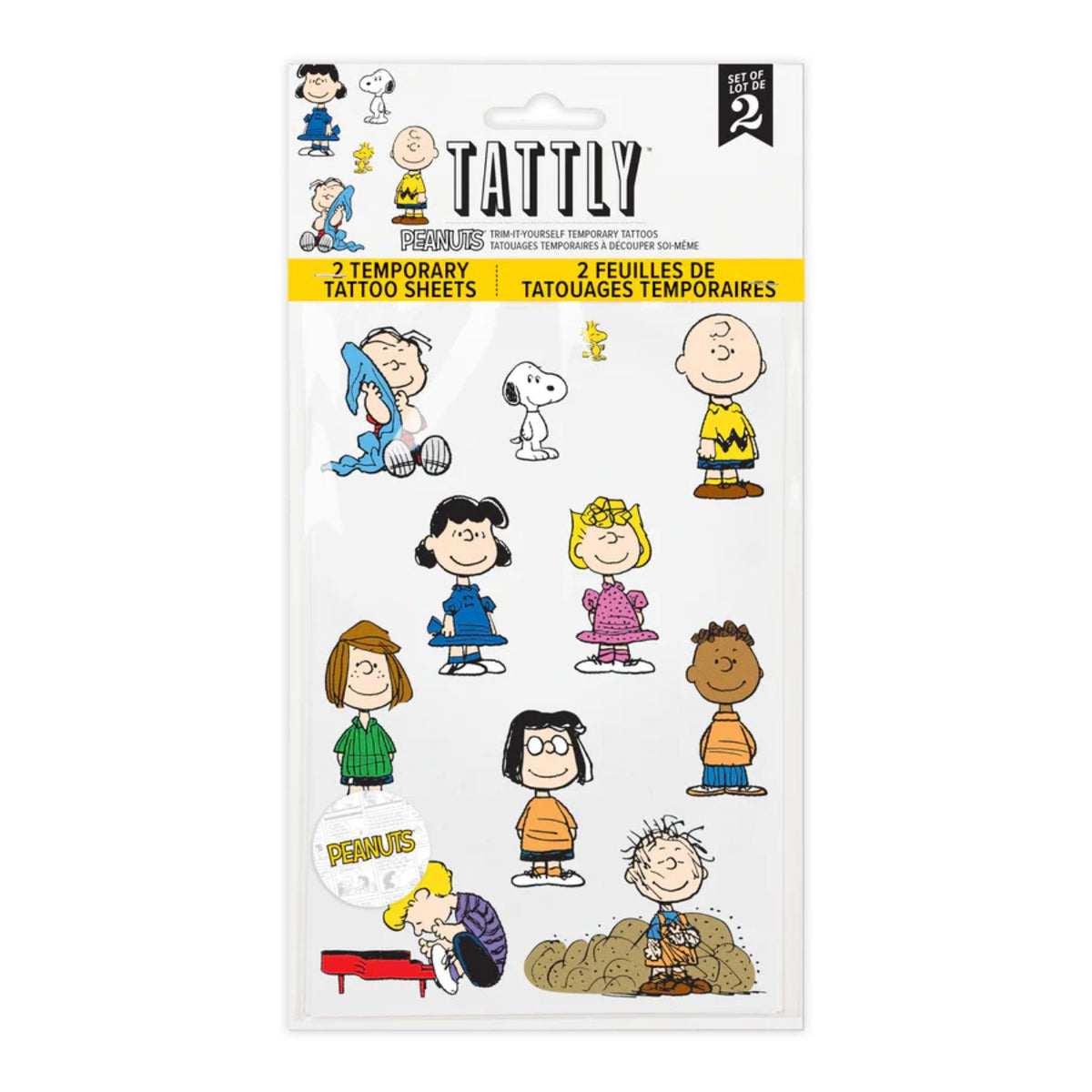 Tattly temporary tattoo packaging with cartoon characters on a white background