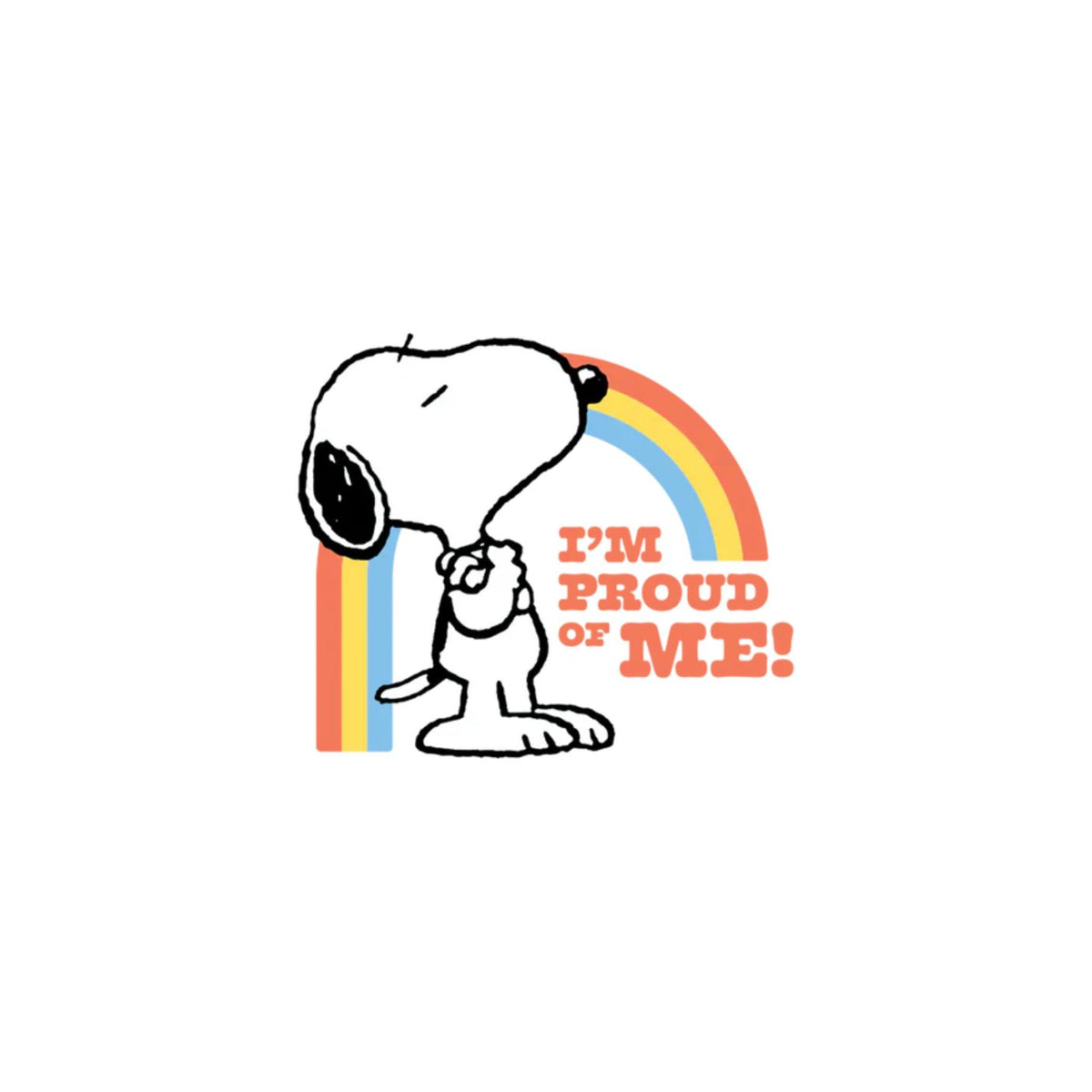 Cartoon dog holding a rainbow with 'I'm Proud of Me!' text on a white background