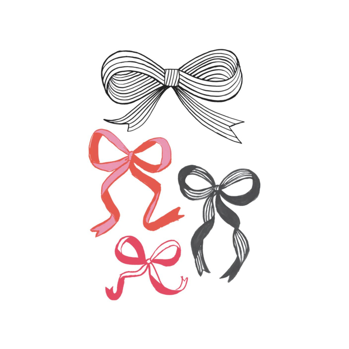 Set of four decorative bows in black, red, and pink on a white background