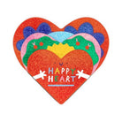 Heart-shaped card with colorful design and 'Happy Heart' text on a white background