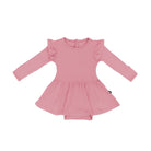 A pink long-sleeve baby dress with ruffled shoulders and a flared skirt, shown flat on a white background.