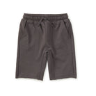 A pair of dark gray drawstring shorts with a raw, frayed hem and large front patch pockets, shown flat on a white background.