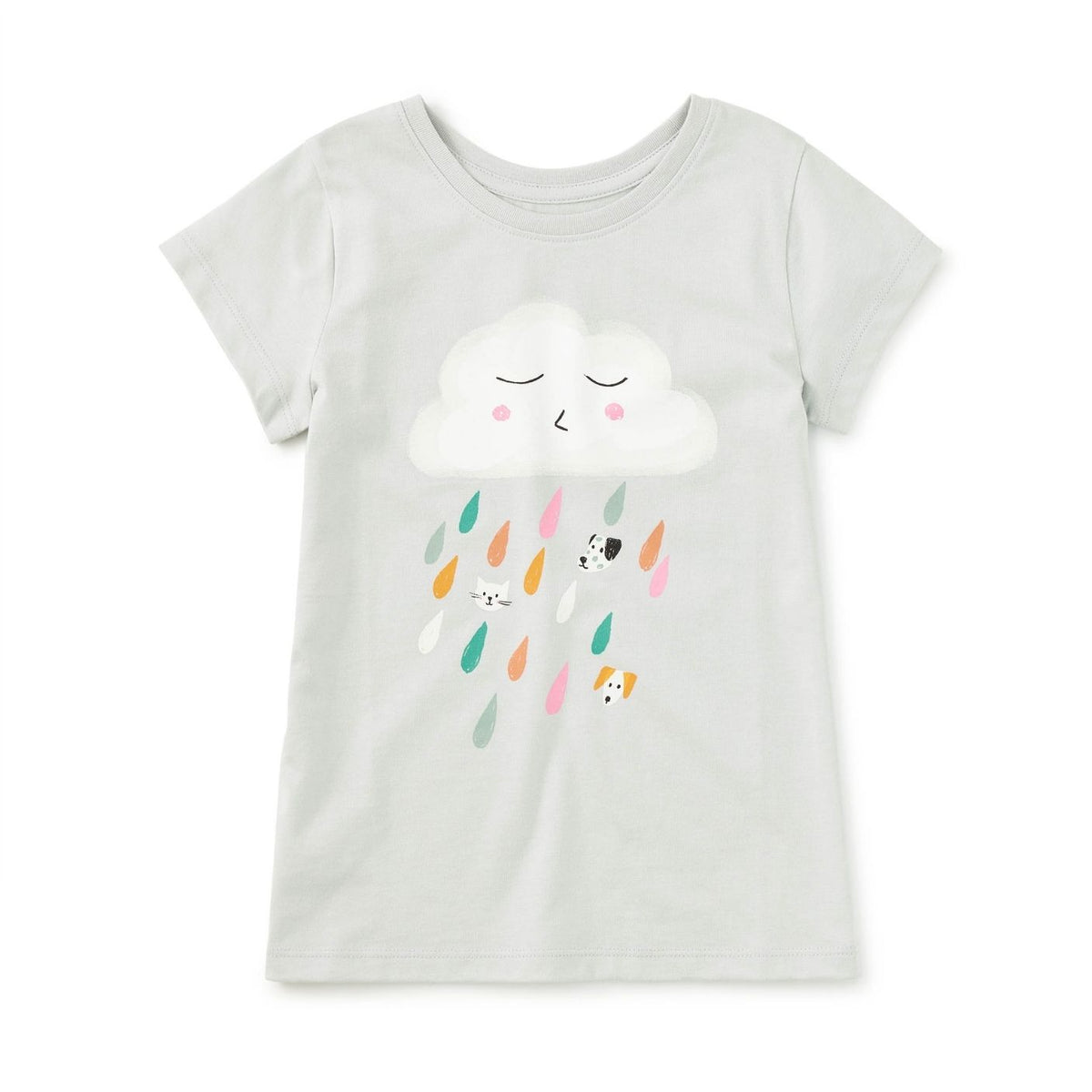 A light gray short-sleeve kids' t-shirt featuring a cute cartoon cloud graphic on the chest. The cloud has a sleeping face with closed eyes and pink cheeks, and it is raining colorful stylized raindrops in shades of teal, orange, pink, and yellow, with small dog and cat illustrations falling within the rain.