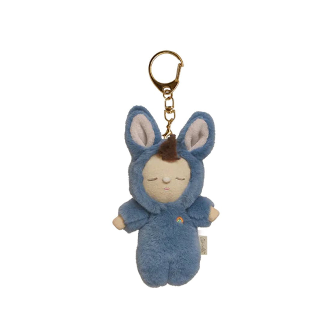 A plush keychain featuring a sleeping blue bunny character with a gold metal keyring and clasp, shown against a plain white background.