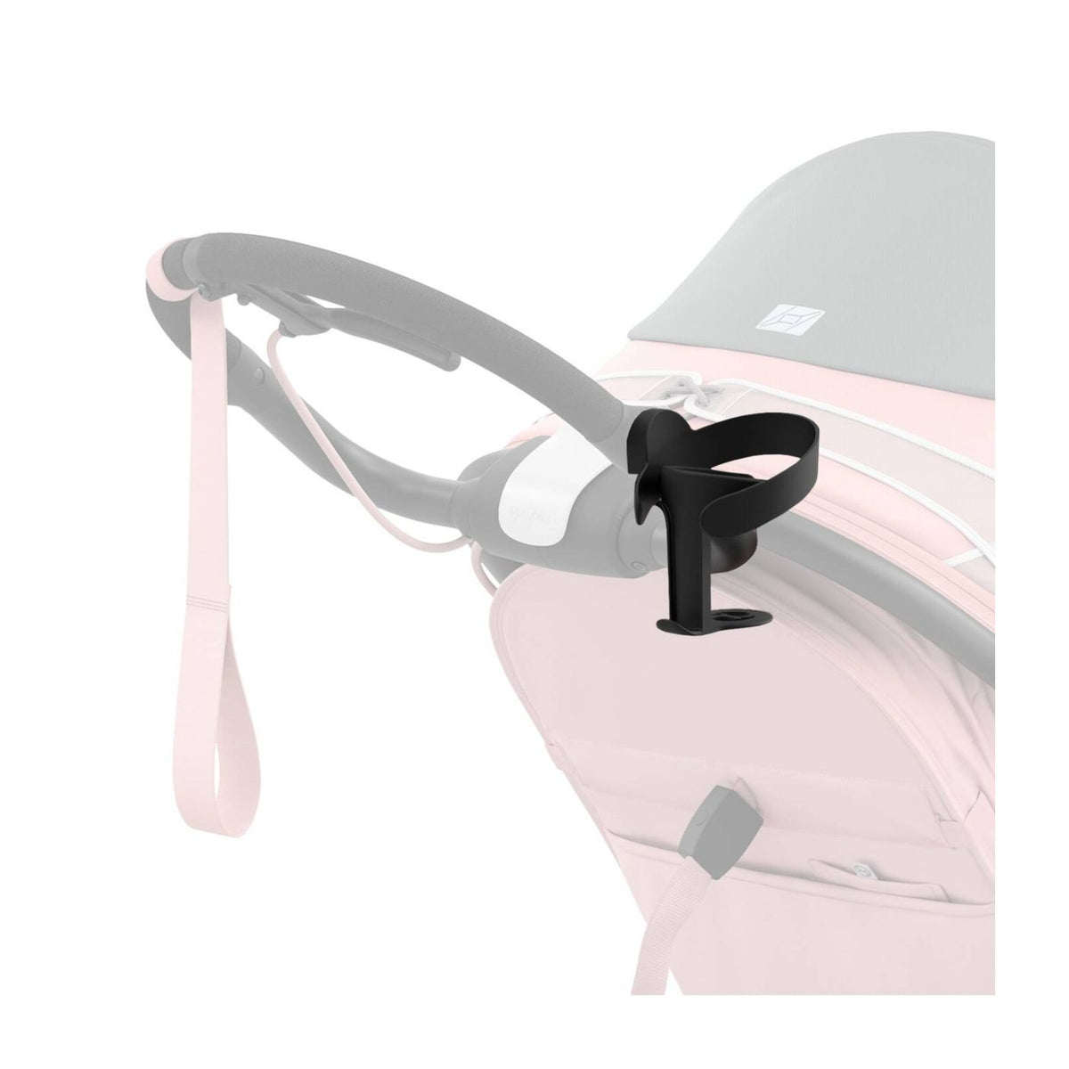 A black plastic stroller cup holder mounted on the handle of a pale pink stroller, shown against a clean white background.