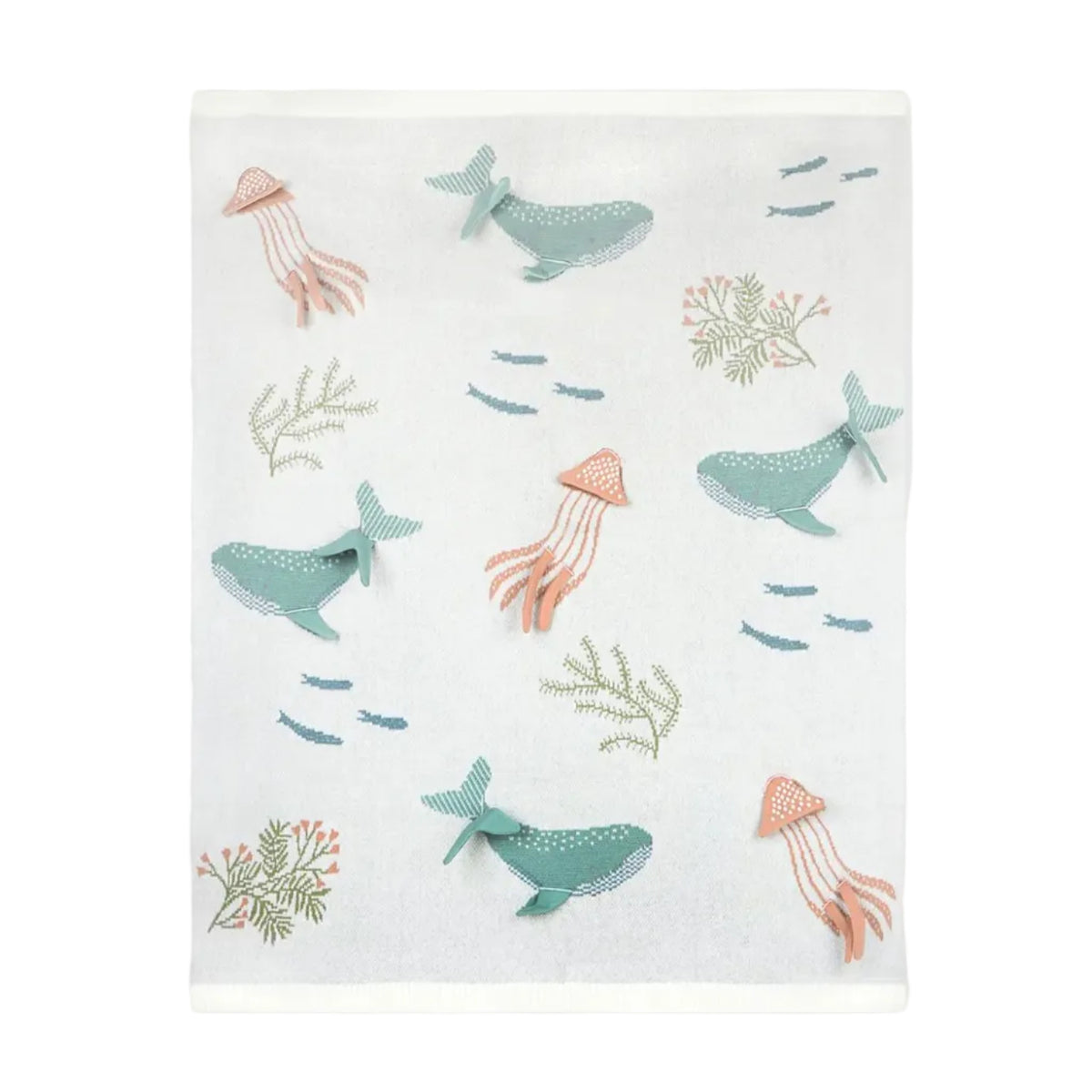 Baby blanket with whale and jellyfish pattern on a white background