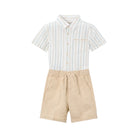 Striped shirt and beige shorts set on a white background