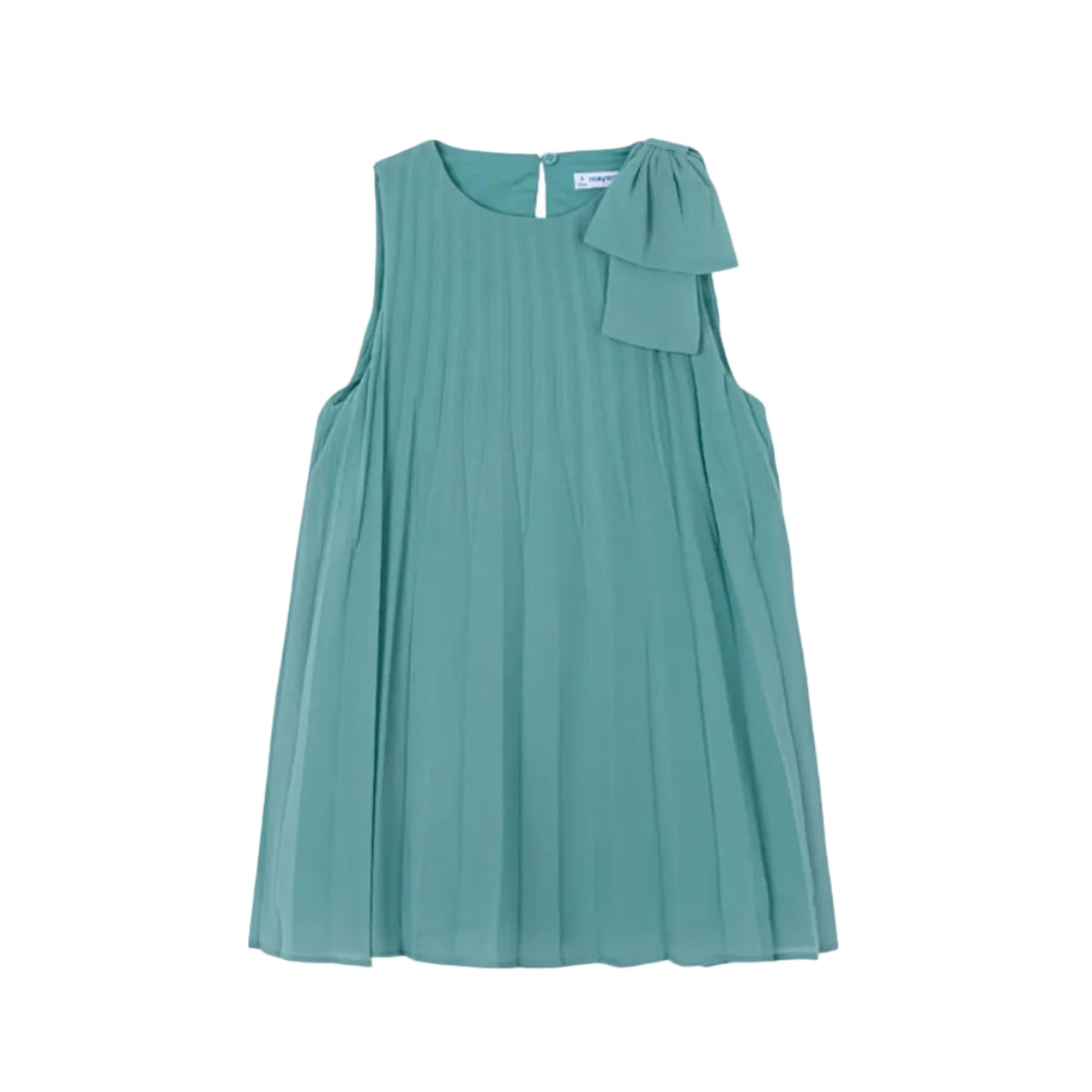 A sleeveless pleated dress in a muted teal-green color, featuring a large matching fabric bow detail on the left shoulder, shown against a plain white background.