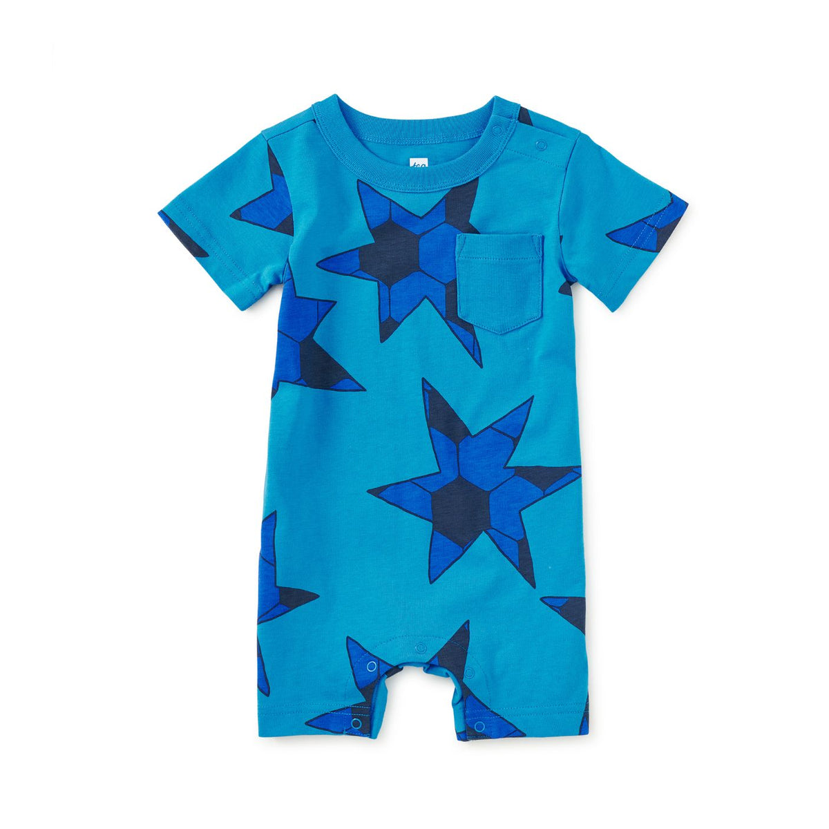 A toddler's short-sleeve one-piece romper in bright turquoise blue, featuring an all-over geometric star pattern in shades of blue and navy, with a chest pocket and snap closures at the crotch.