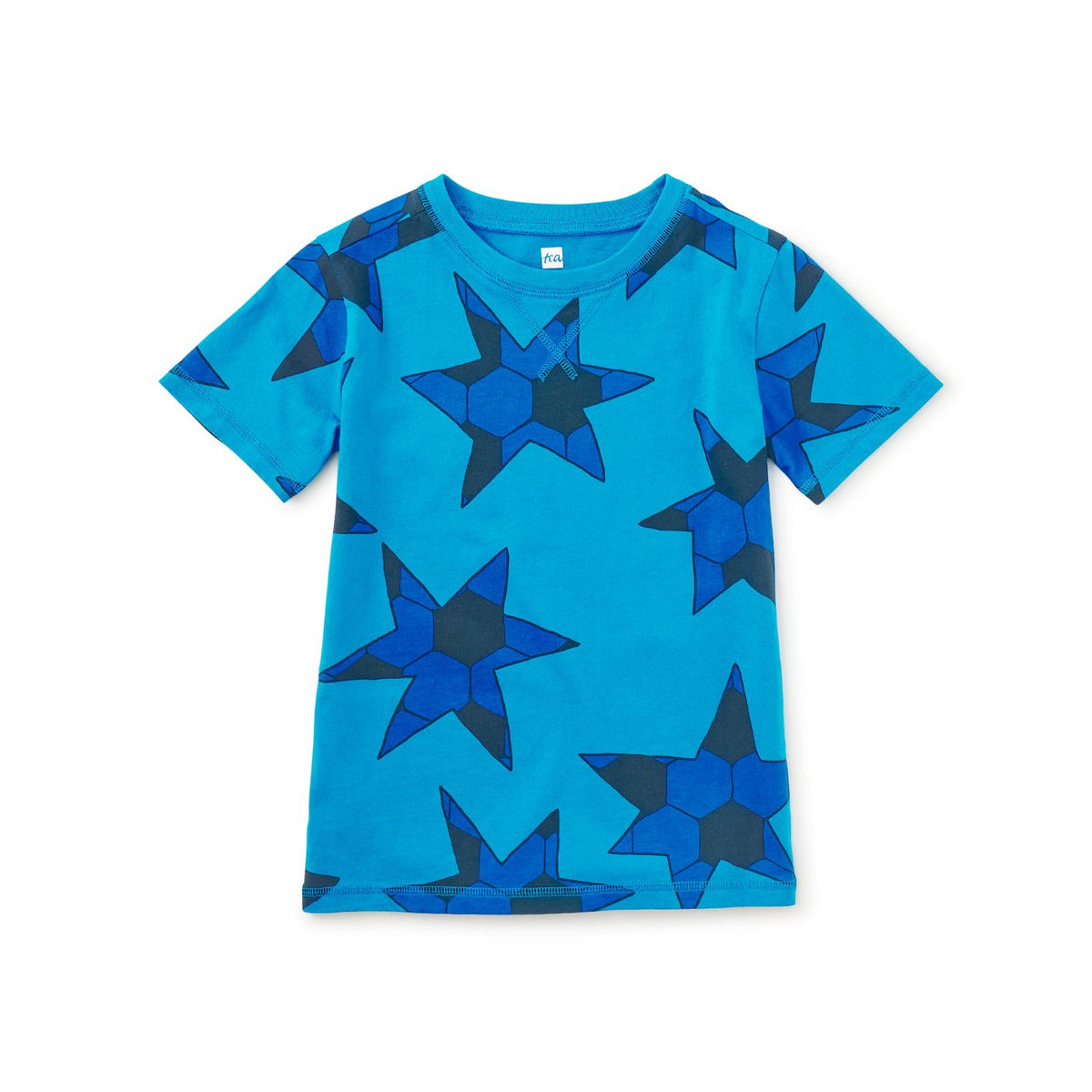 A kids' short-sleeve t-shirt in bright turquoise blue, featuring an all-over pattern of geometric blue and navy stars, laid flat against a white background.