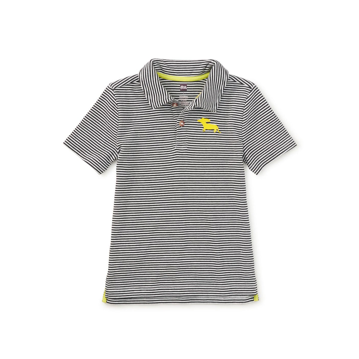 A short-sleeve polo shirt with thin black and white horizontal stripes, featuring a small yellow deer logo on the left chest and a yellow inner collar lining, shown flat on a white background.