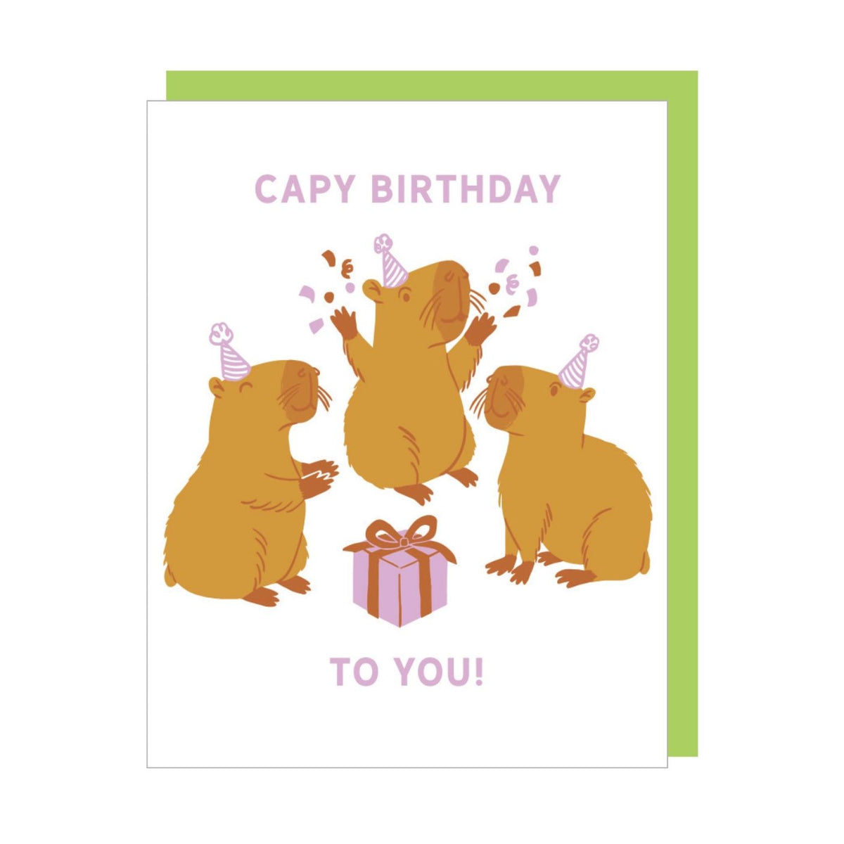 Birthday card with cartoon capybaras and a gift, featuring the text 'Capy Birthday To You!'.