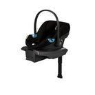 Black baby car seat with blue accents on a white background