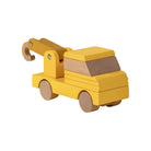 A wooden toy crane truck in yellow and natural wood tones, shown from a three-quarters angle on a solid white background.