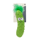 Green plush toy resembling a pickle with googly eyes on a white background