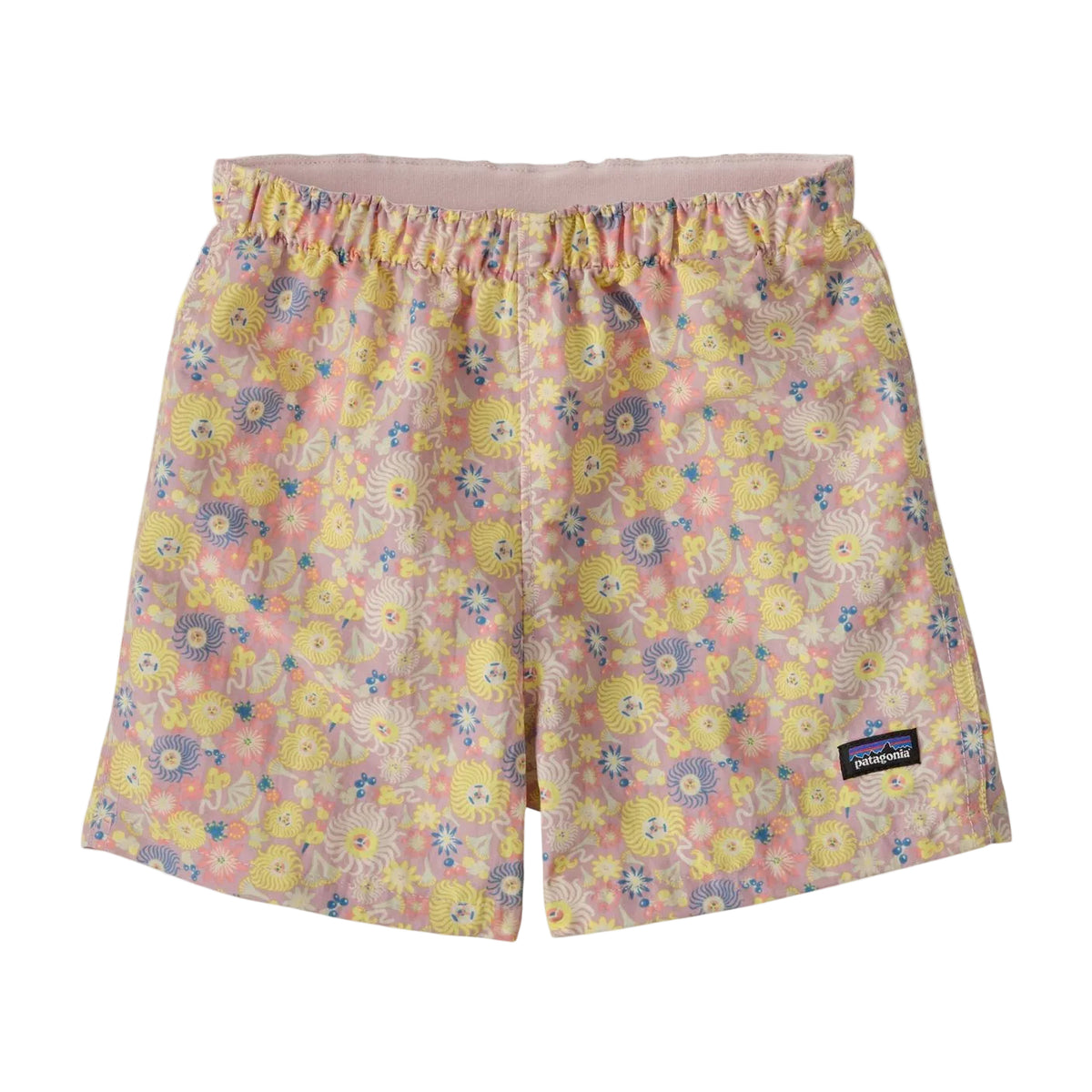 A pair of Patagonia shorts featuring a pastel floral pattern with yellow, pink, and purple flowers on a light beige background. The shorts have an elastic waistband and a small black Patagonia logo patch on the lower left leg.