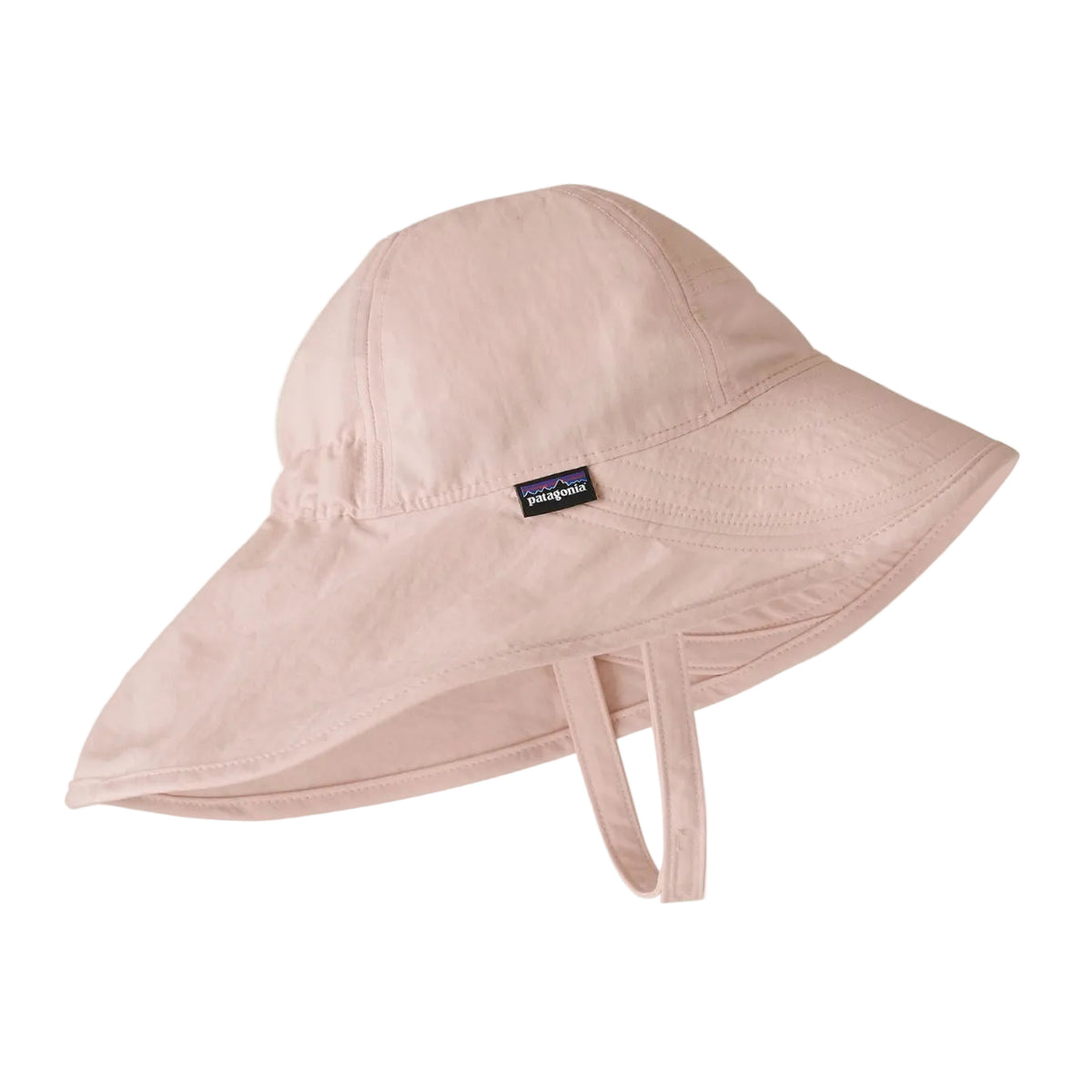 A light pink Patagonia sun hat with a wide brim and chin strap, shown on a clean white background.