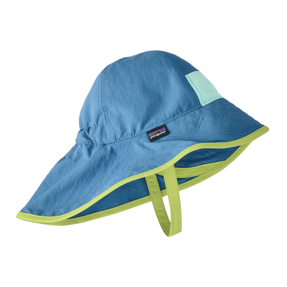 Blue and green sun hat with a visible brand logo on a white background