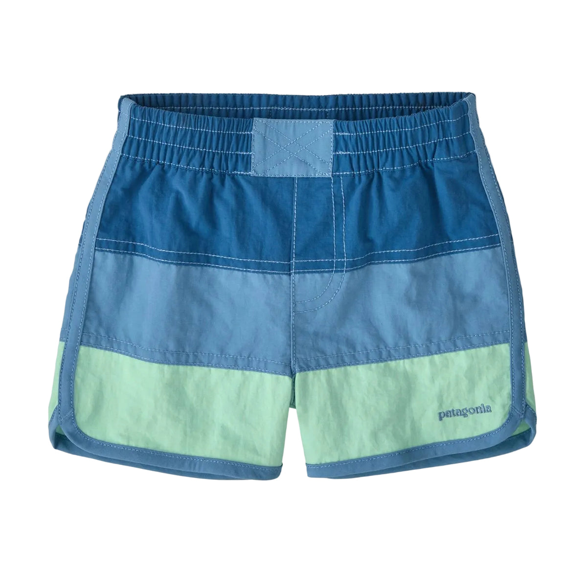 A pair of Patagonia color-blocked swim shorts in shades of blue, light blue, and mint green, shown flat against a white background.