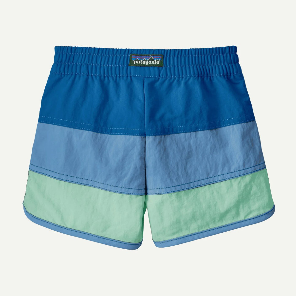 Two-tone blue and green shorts with Patagonia logo on a white background