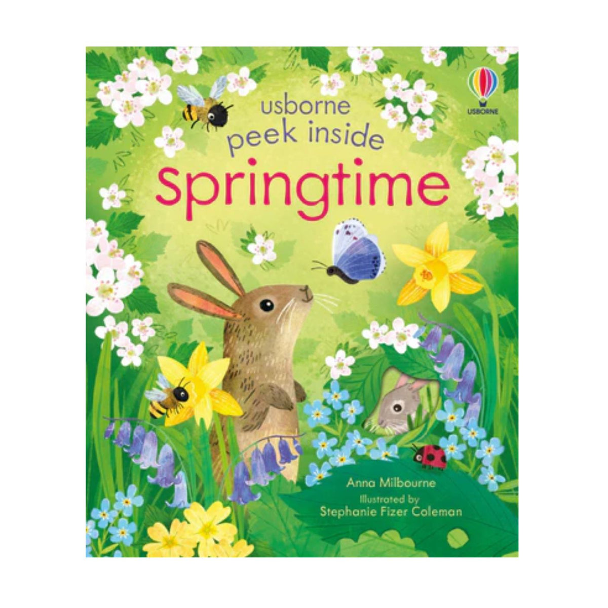 Book cover of 'Usborne Peek Inside Springtime' with a rabbit, flowers, and butterflies on a green background.