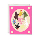 Greeting card with cartoon animals and 'Hooray for the Little One!' text on a pink background
