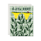 Greeting card with yellow flowers and 'hello BABY' text on a green checkered background