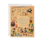 Greeting card with illustrations of animals and text 'Welcome to Parenthood, your greatest teacher has arrived' on a white background.