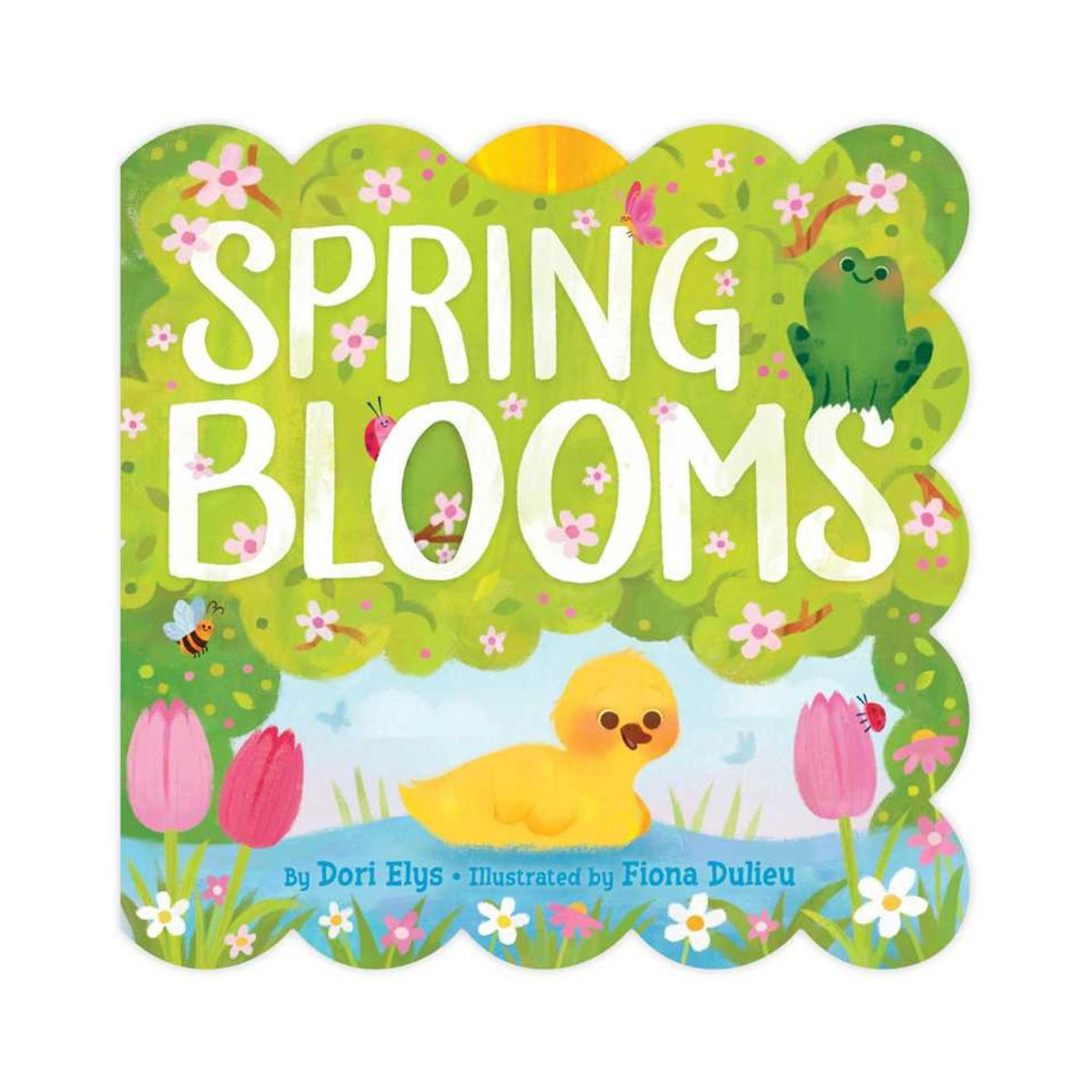 Book cover of 'Spring Blooms' with a duck, flowers, and greenery on a white background