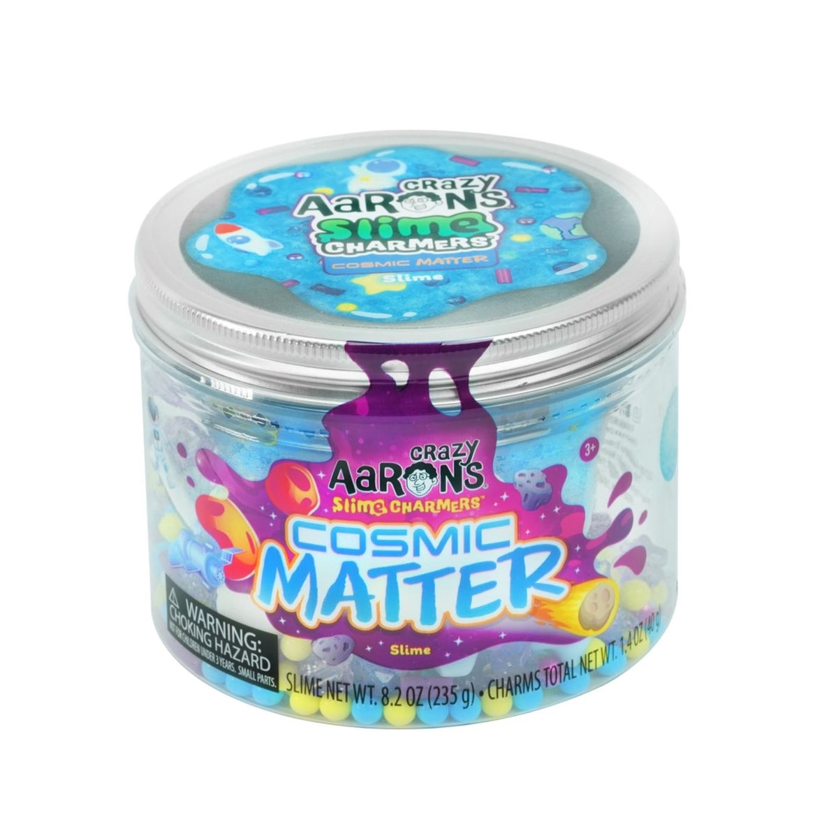 Jar of Crazy Aaron's Cosmic Matter slime with colorful label on a white background