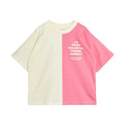 Two-tone pink and beige t-shirt with text on a white background