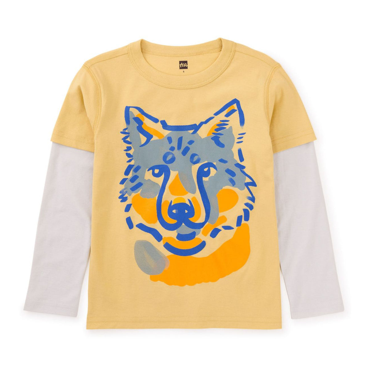 Yellow long-sleeve shirt with blue and gray tiger design on a white background