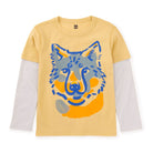 Yellow long-sleeve shirt with blue and gray tiger design on a white background