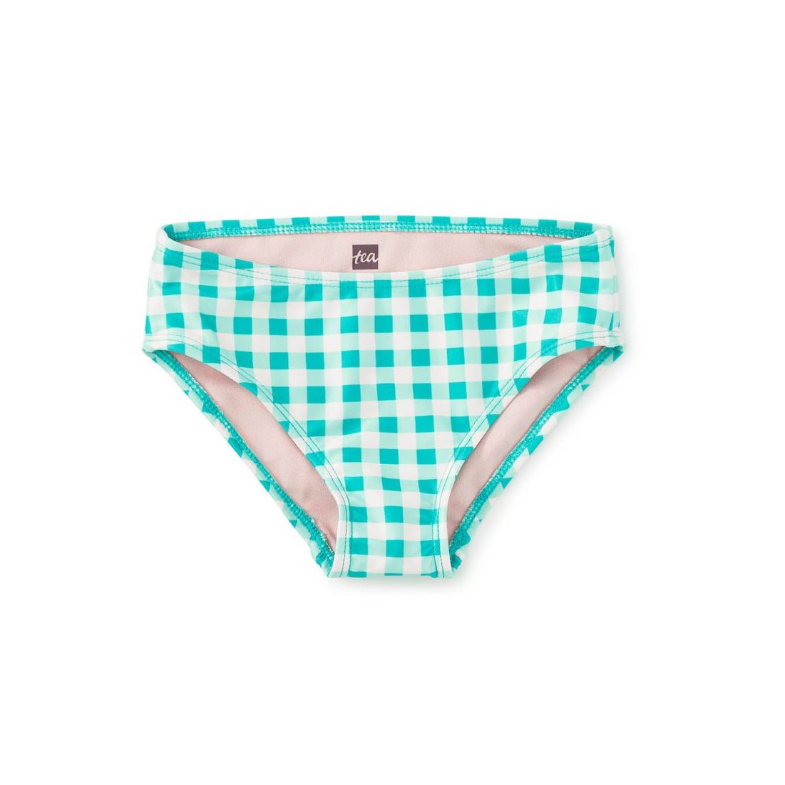 A pair of women's bikini bottoms featuring a turquoise and white gingham check pattern with a light pink lining, shown against a plain white background.