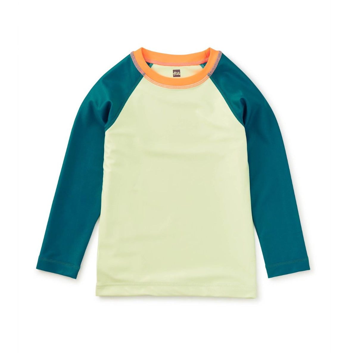 A long-sleeve raglan shirt with a light yellow-green body, teal sleeves, and an orange collar, shown flat on a white background.
