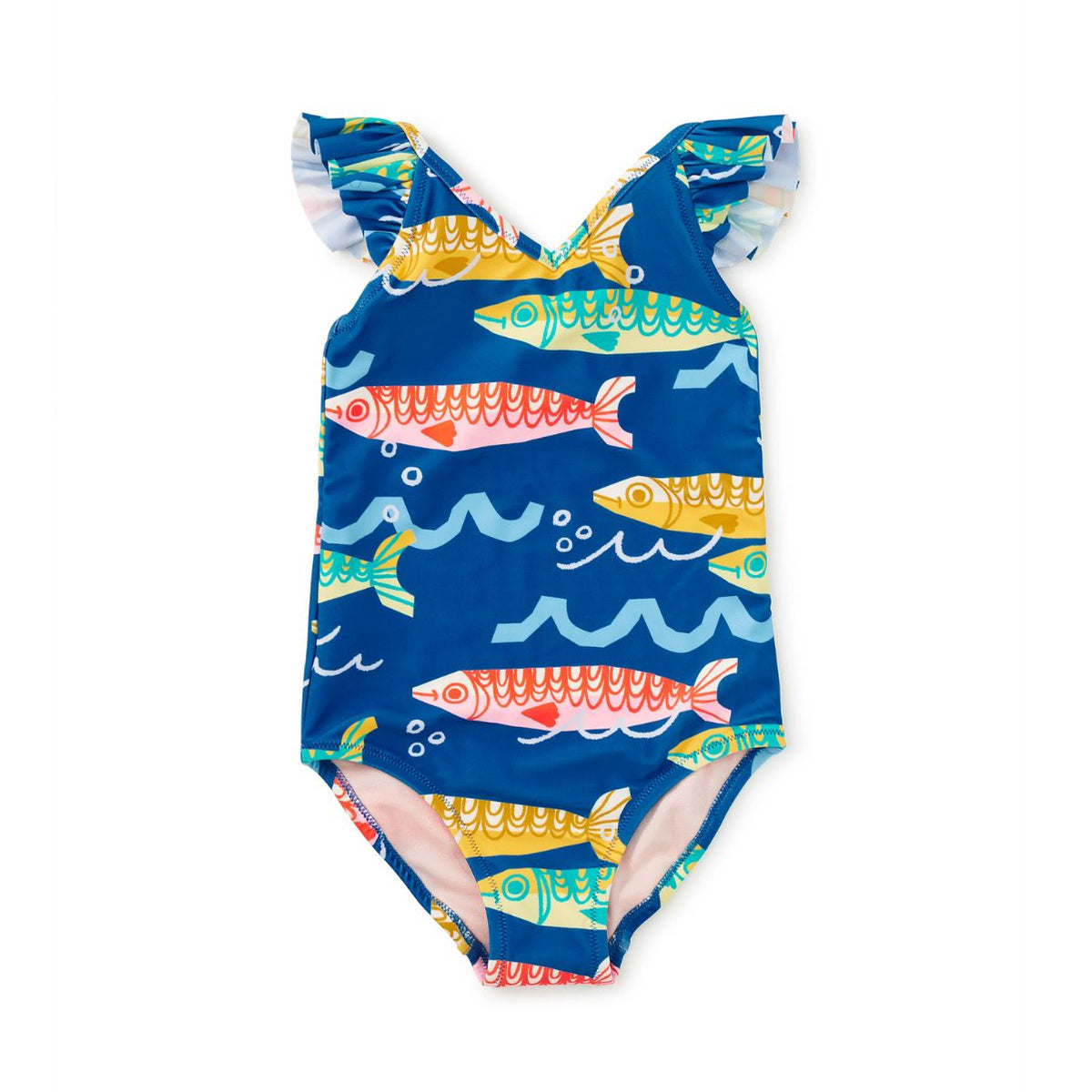 A one-piece baby swimsuit with a blue background and a colorful pattern of fish in red, yellow, and green, featuring ruffled shoulder straps and a light pink inner leg lining, shown flat on a white background.