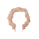 A sheer, ruffled scrunchie headband in a soft peach-pink color, displayed against a solid white background.