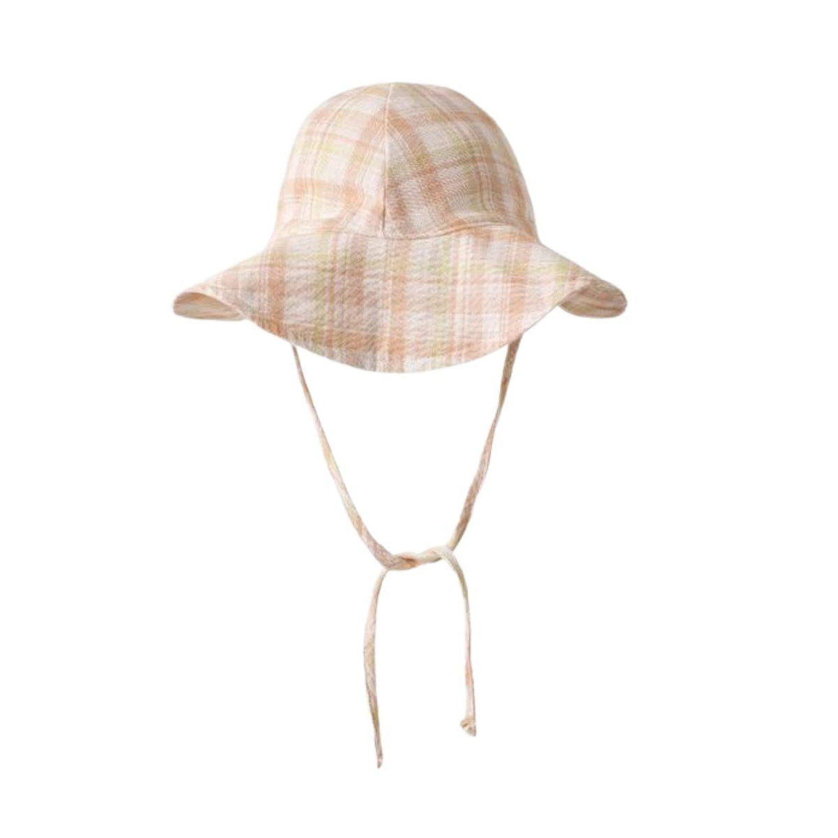 A plaid bucket hat in a soft pastel mix of pink, beige, and light green, featuring a chin strap, shown against a plain white background.