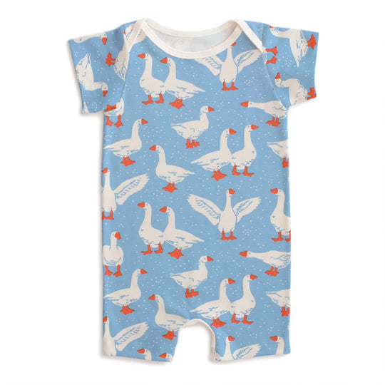 Summer Romper - Silly Geese Blue by Winter Water Factory