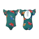 A children's one-piece swimsuit shown from both front and back views. The swimsuit has a teal green base color with a colorful butterfly print in pink, orange, blue, and black.