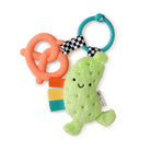Colorful baby toy with a green plush character, orange teether, and blue rattle on a white background