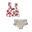 A two-piece girls' swimwear set featuring a light pink ruffled bikini top with a red raspberry print, and matching high-waisted ruffled bikini bottoms in a light green and white gingham pattern.
