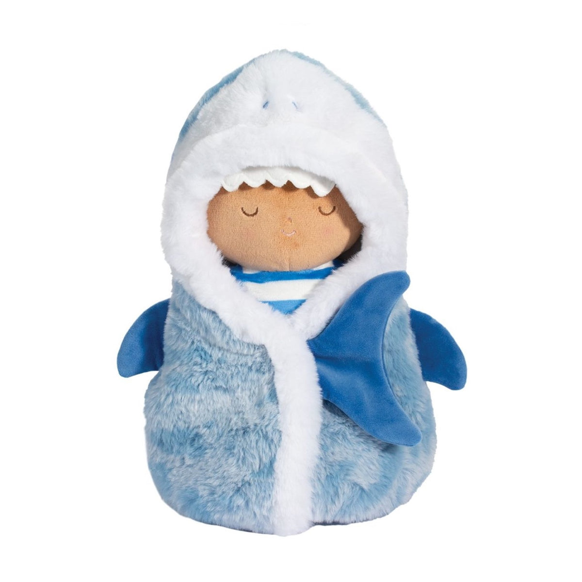 A plush shark-shaped baby wrap or doll with a white hood, blue body, blue fins, and a sleeping face on a plain white background.