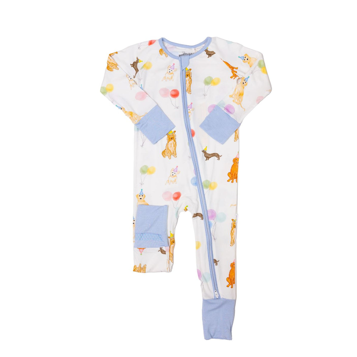 Baby onesie with animal pattern and blue accents on a white background
