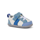 Blue and white baby shoe on a white background