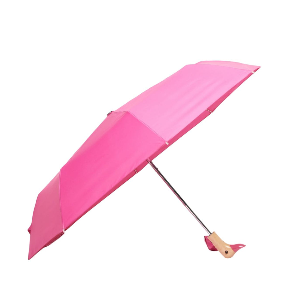 Pink umbrella with a unique handle design on a white background